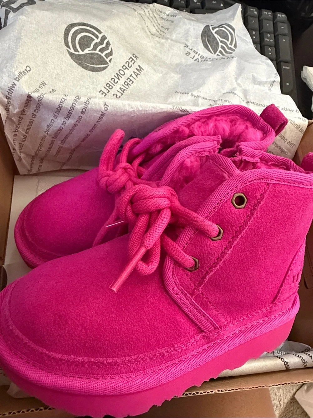 UGG Kids Bright Pink Fleece-Lined Lace Booties